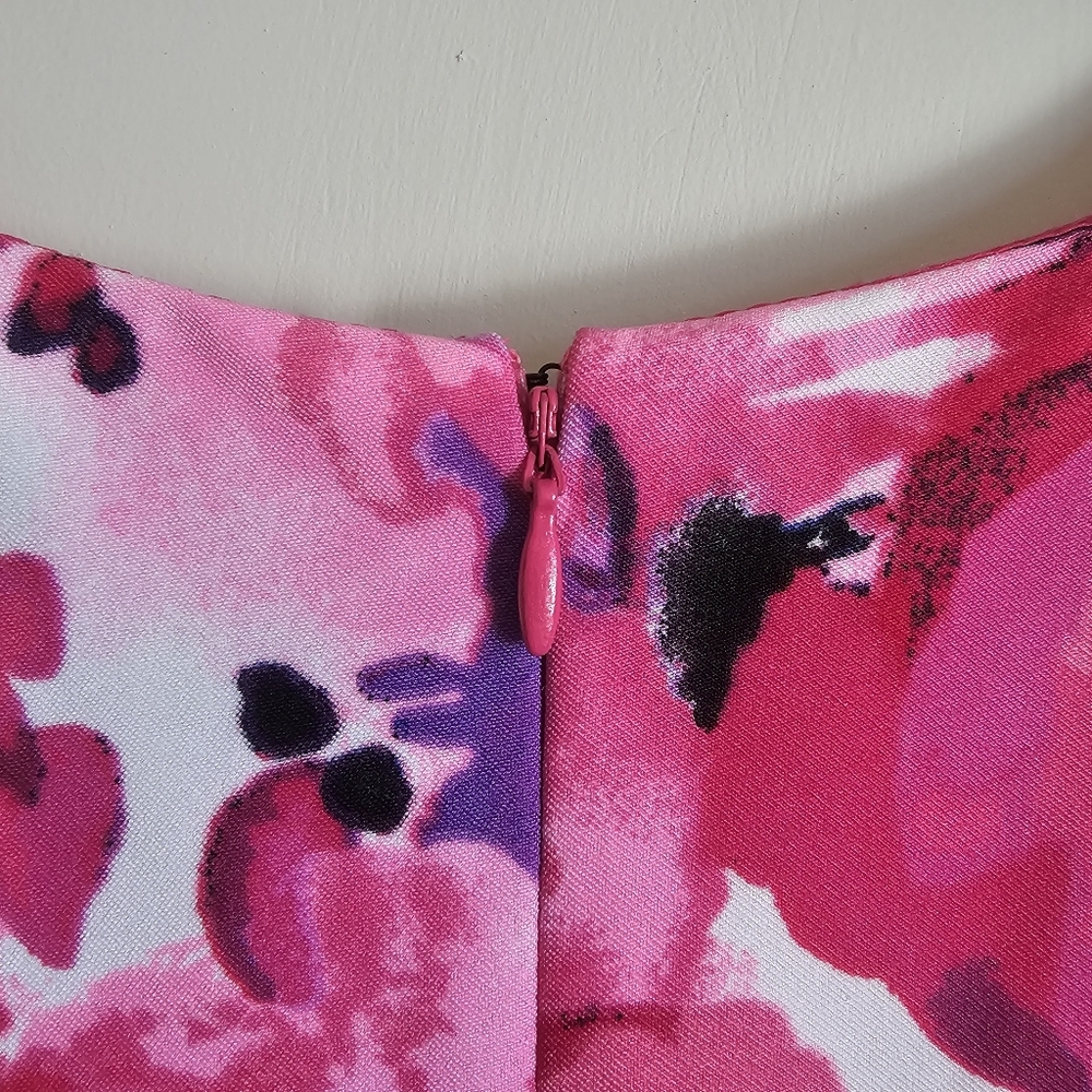 Chetta B‎ Pink Black Floral KneeLength Pleated Midi Dress Y2K Barbiecore Size 10 - Picture 6 of 13